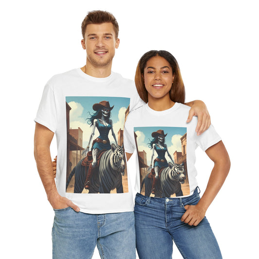 Skeleton Cowgirl Riding Tiger (With Background) - Unisex Heavy Cotton Tee