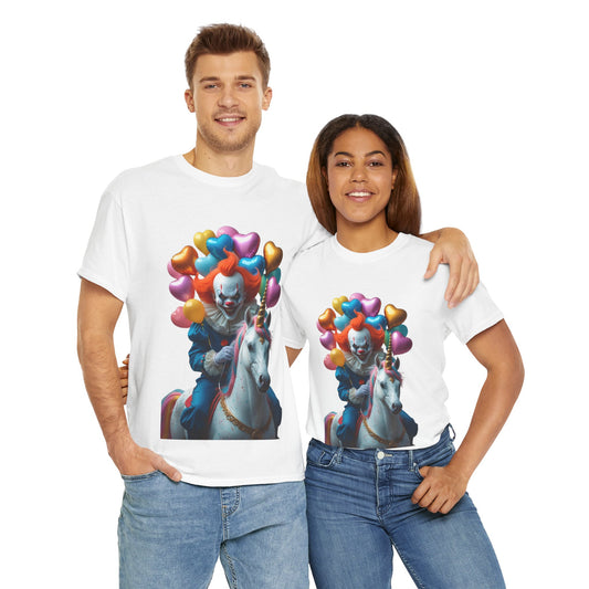 Clown on Unicorn with Balloons - Unisex Heavy Cotton Tee