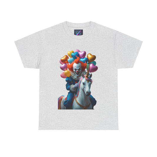 Clown on Unicorn with Balloons - Unisex Heavy Cotton Tee